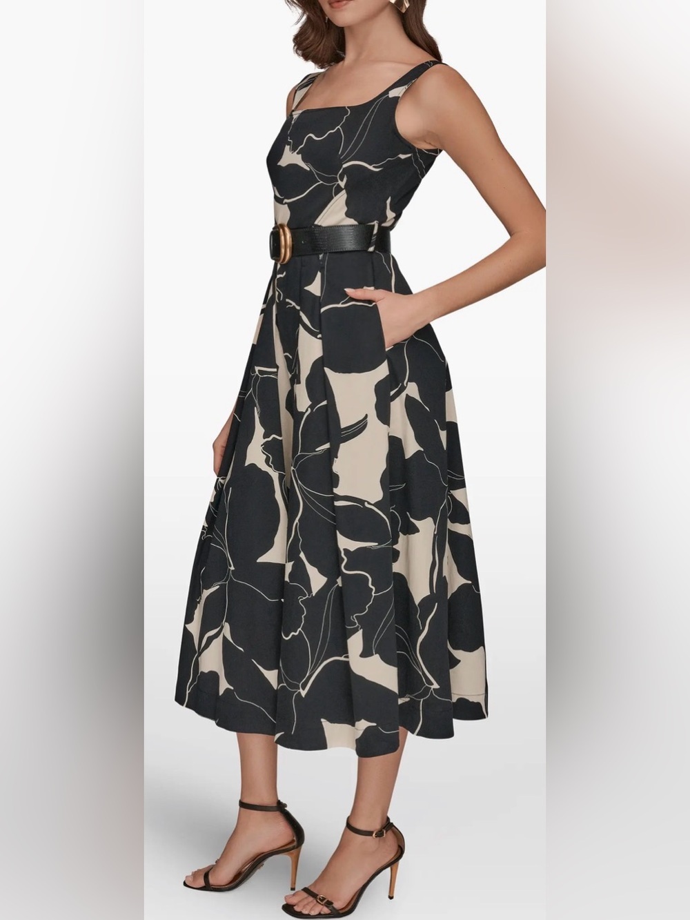 NEW DONNA KARAN Belted Fit & Flare Black Midi Dress sz 8 - Picture 3 of 8